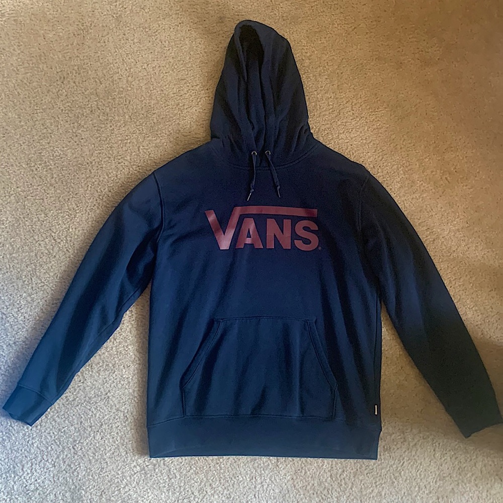 Navy blue Vans hoodie with maroon letter and sewn in tag